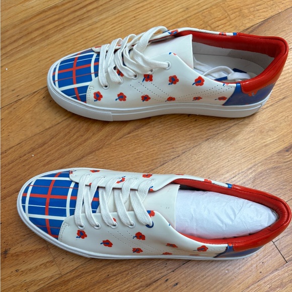 Tory Burch Red and Blue Patent Print Perforated Lace-Up Golf Sneaker - Picture 2 of 7